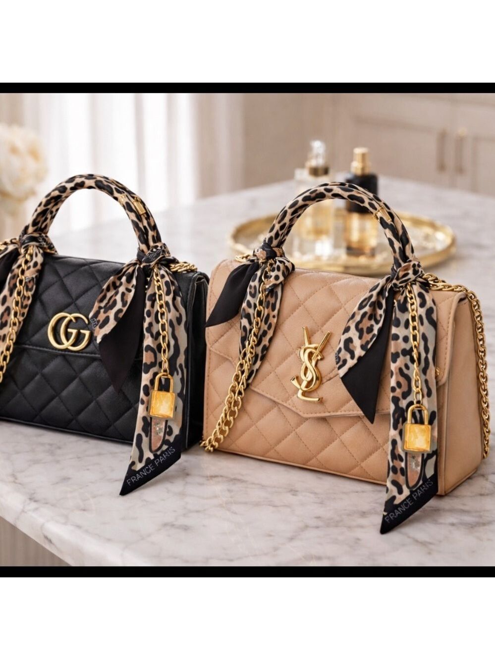 BLACK GRAY LEOPARD SKINNY SCARF BAG HANDLE WRAP CHAIN LOCK DESIGN